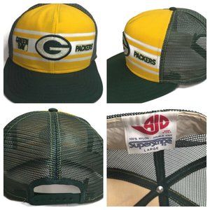 Vintage Green Bay Packers Superstripe AJD Snapback Trucker Hat Size Large